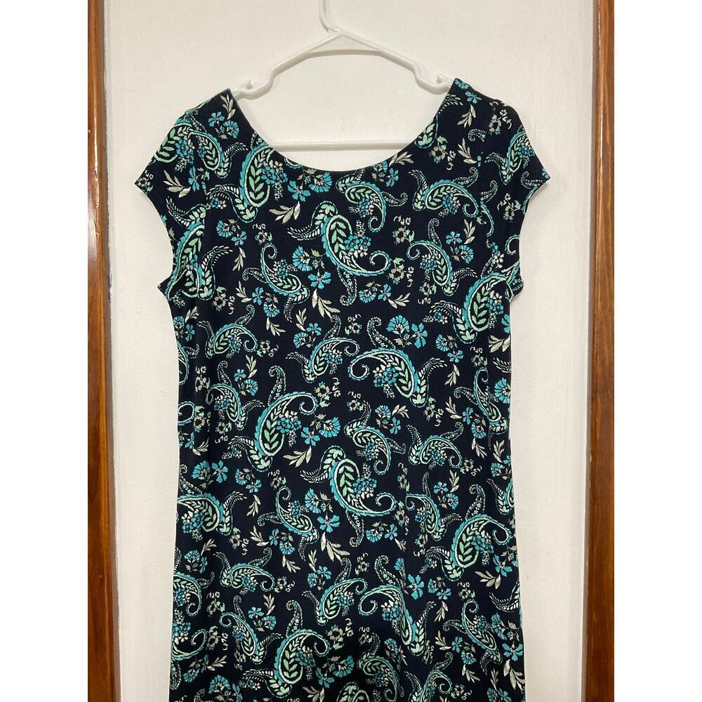 J. Jill Pleated V-Back Maxi Dress Blue Floral Paisley Small Cap Sleeves Stretch - Picture 3 of 7